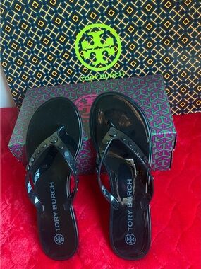 Tory Burch Black Patent Logo Jelly Flip Sandals